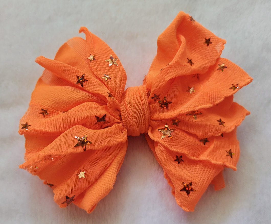 Neon Orange Stars Ruffle Bows/Piggies